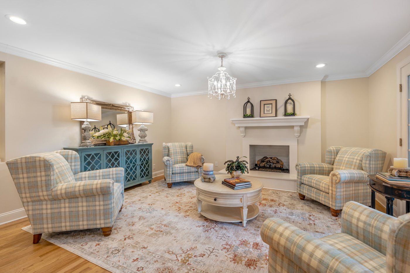 The den fireplace